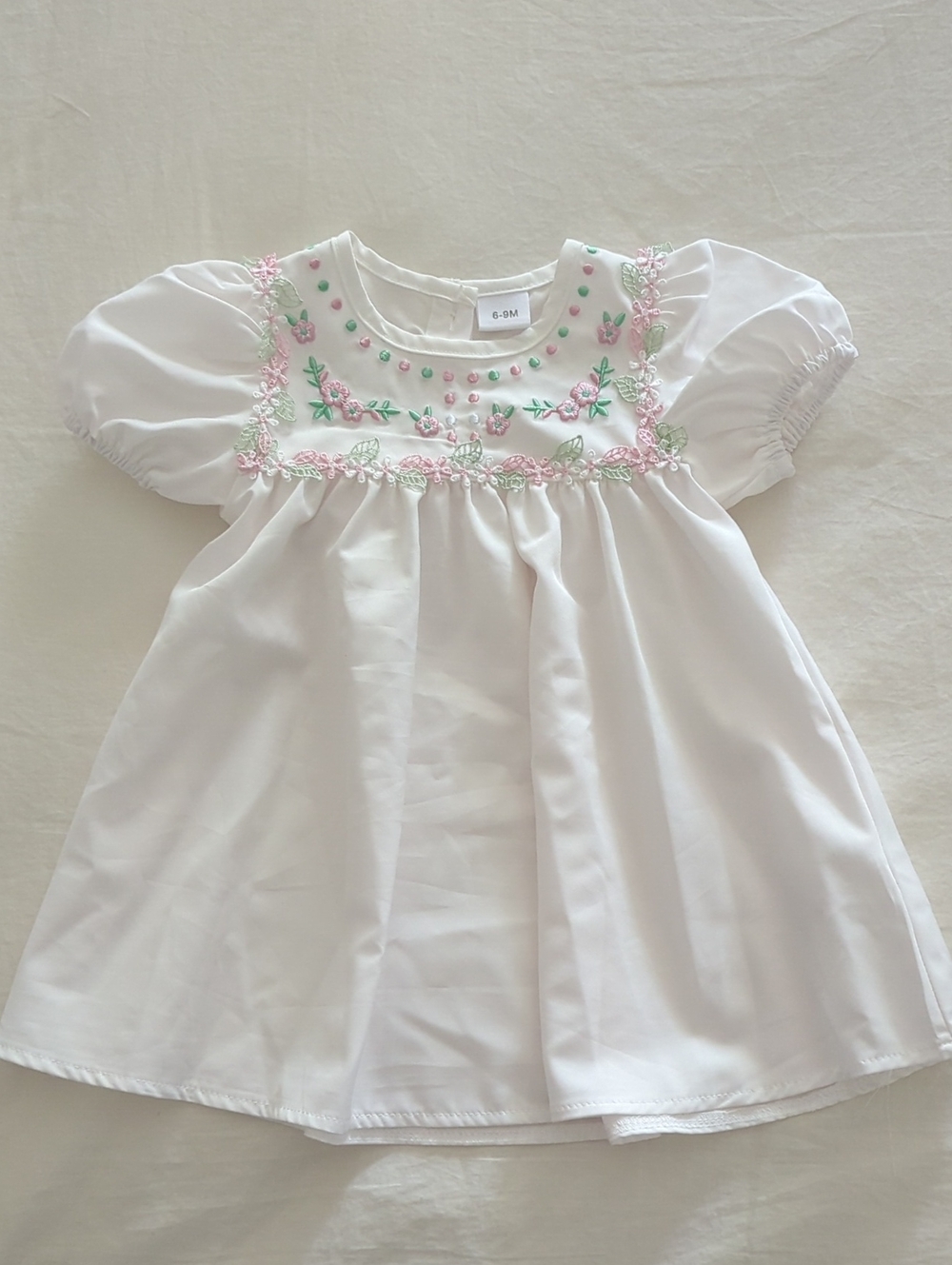 Classic Bishops Dress with Pink & Green Embroidery, Size 6m - 9m